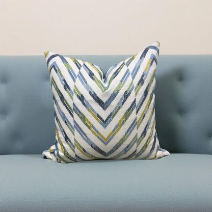Designer Fabric White Blue Yellow and Green Zig Zag 22x22" Knife Edge Decorative Throw Pillow