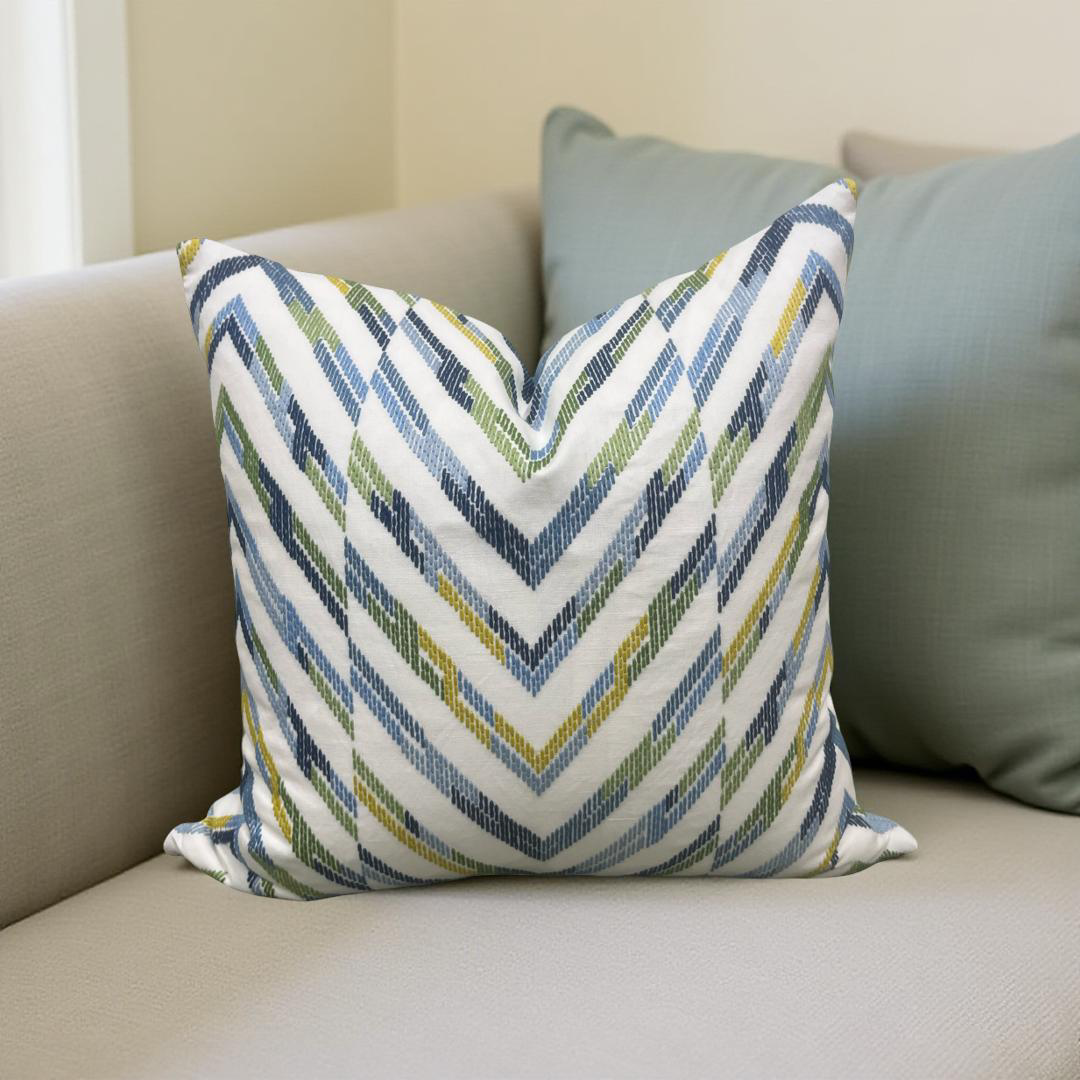Designer Fabric White Blue Yellow and Green Zig Zag 22x22" Knife Edge Decorative Throw Pillow