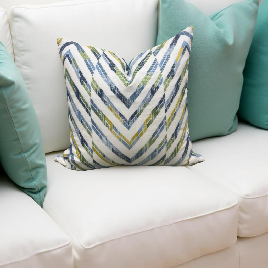 Designer Fabric White Blue Yellow and Green Zig Zag 22x22" Knife Edge Decorative Throw Pillow