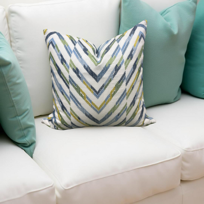Designer Fabric White Blue Yellow and Green Zig Zag 22x22" Knife Edge Decorative Throw Pillow