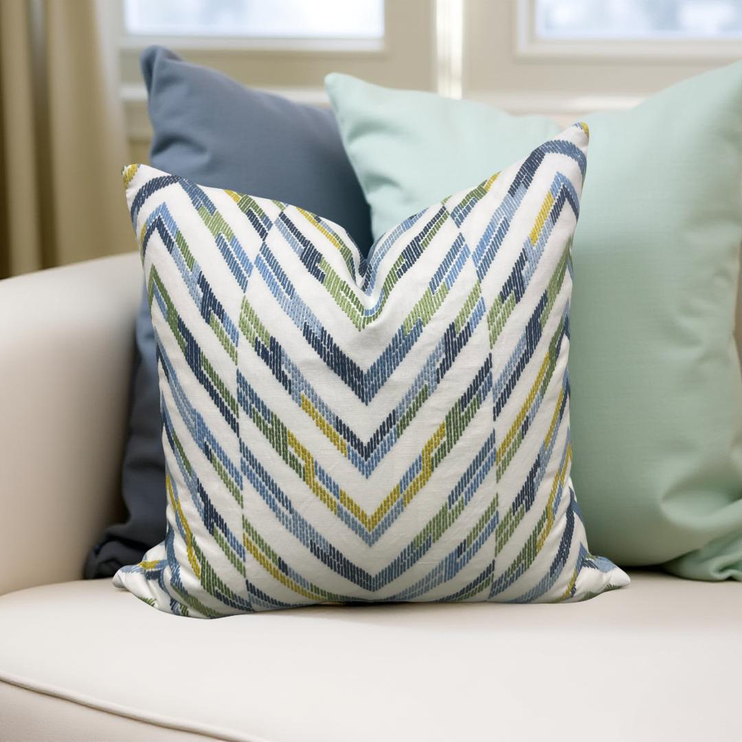 Designer Fabric White Blue Yellow and Green Zig Zag 22x22" Knife Edge Decorative Throw Pillow