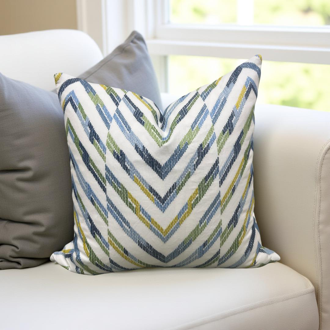 Designer Fabric White Blue Yellow and Green Zig Zag 22x22" Knife Edge Decorative Throw Pillow