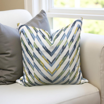 Designer Fabric White Blue Yellow and Green Zig Zag 22x22" Knife Edge Decorative Throw Pillow