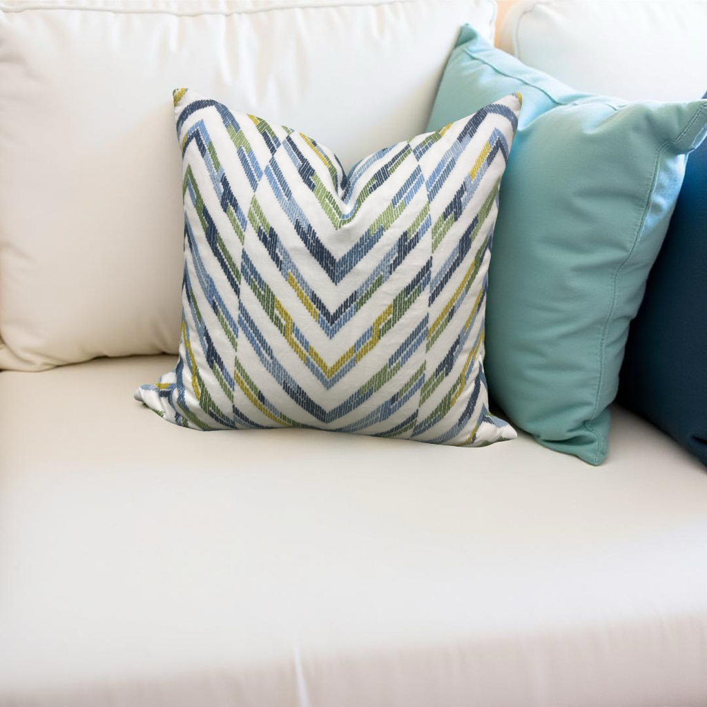 Designer Fabric White Blue Yellow and Green Zig Zag 22x22" Knife Edge Decorative Throw Pillow