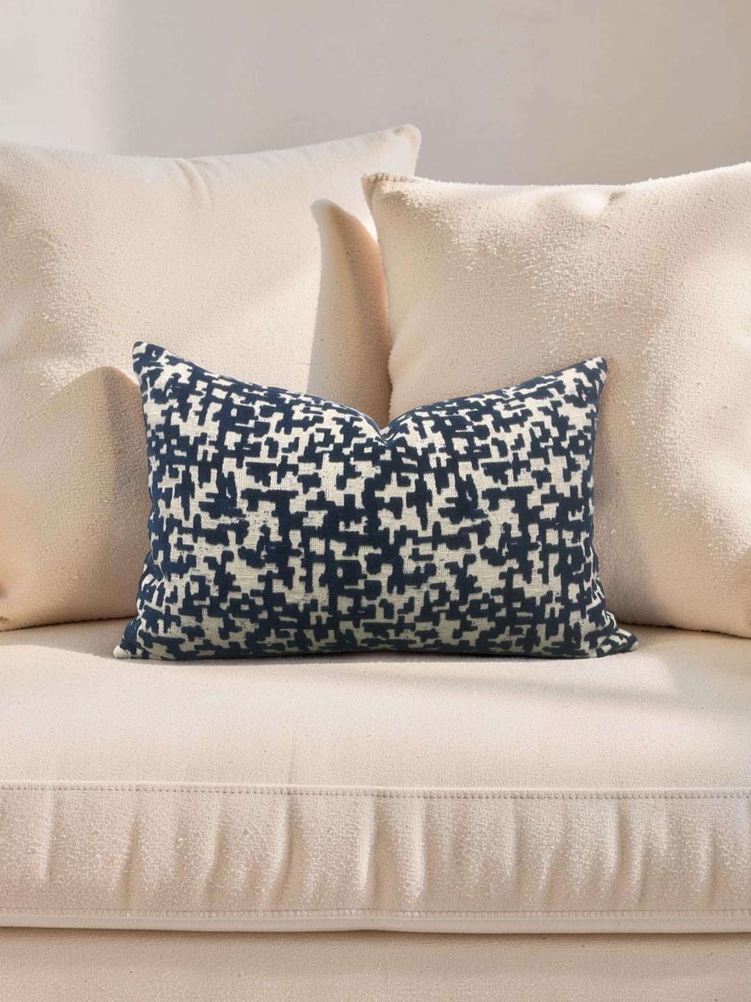 Velvet Navy Lumbar Pillow Lancy Tetris 12x18" Knife Edge Cover