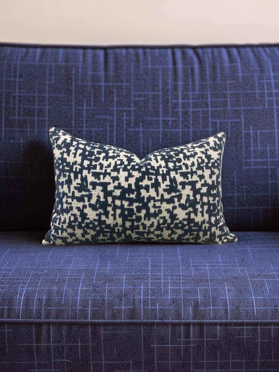 Velvet Navy Lumbar Pillow Lancy Tetris 12x18" Knife Edge Cover