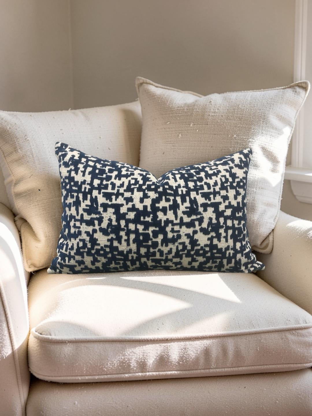 Velvet Navy Lumbar Pillow Lancy Tetris 12x18" Knife Edge Cover