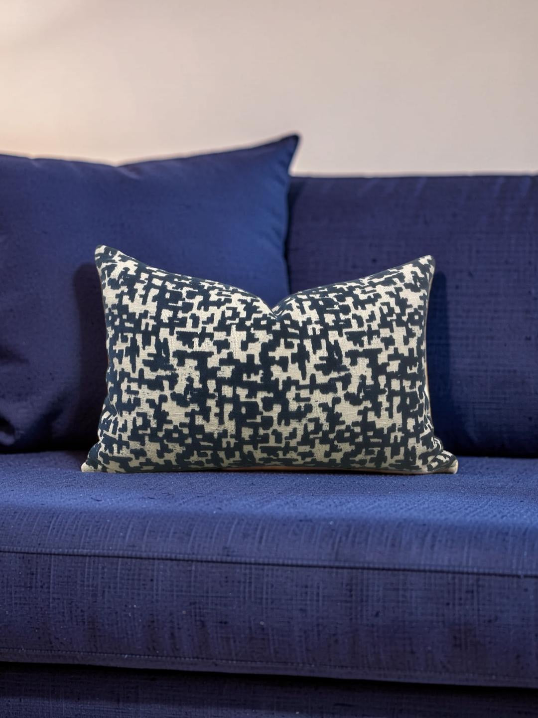 Velvet Navy Lumbar Pillow Lancy Tetris 12x18" Knife Edge Cover