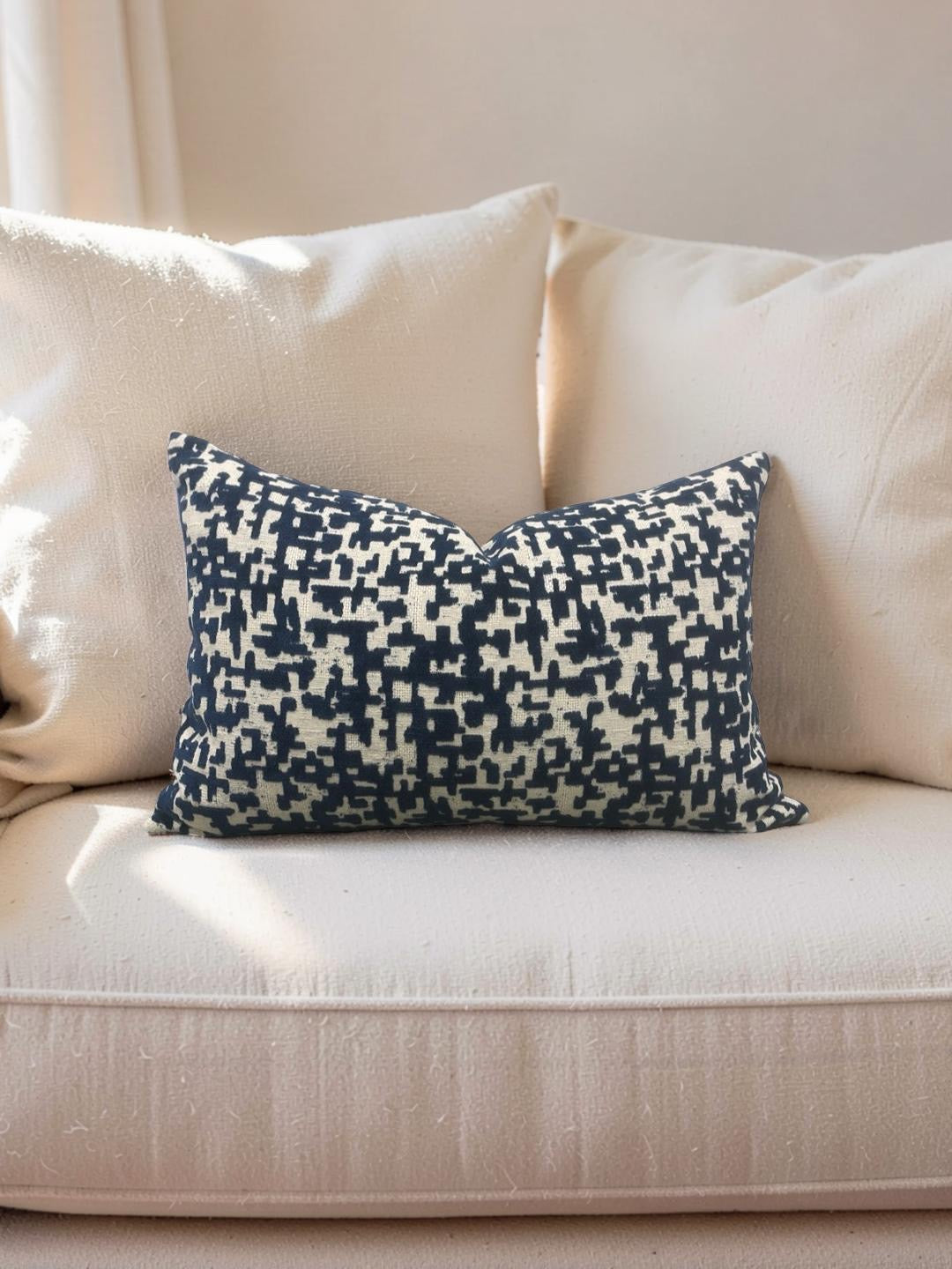 Velvet Navy Lumbar Pillow Lancy Tetris 12x18" Knife Edge Cover