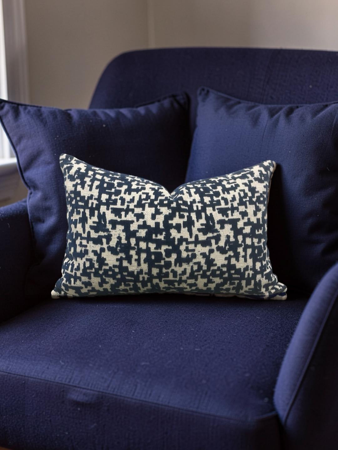 Velvet Navy Lumbar Pillow Lancy Tetris 12x18" Knife Edge Cover