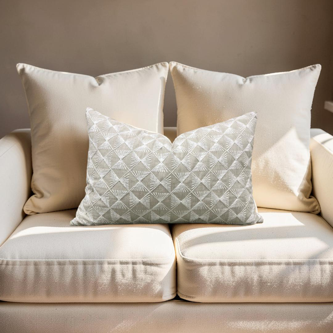 Tan and Cream Embroidered Knife Edge 12x18" Lumbar Pillow  Cover