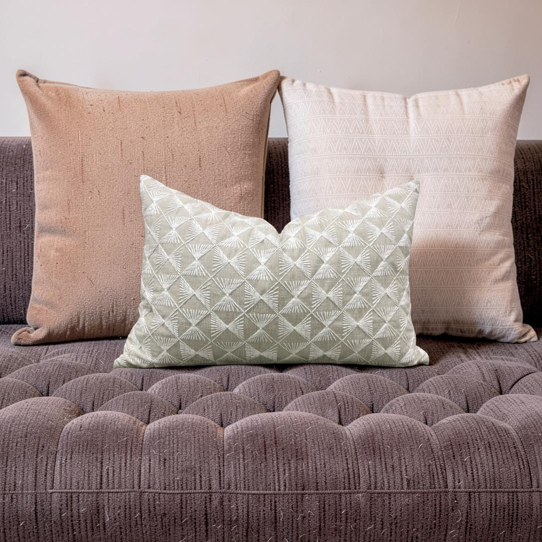 Tan and Cream Embroidered Knife Edge 12x18" Lumbar Pillow  Cover