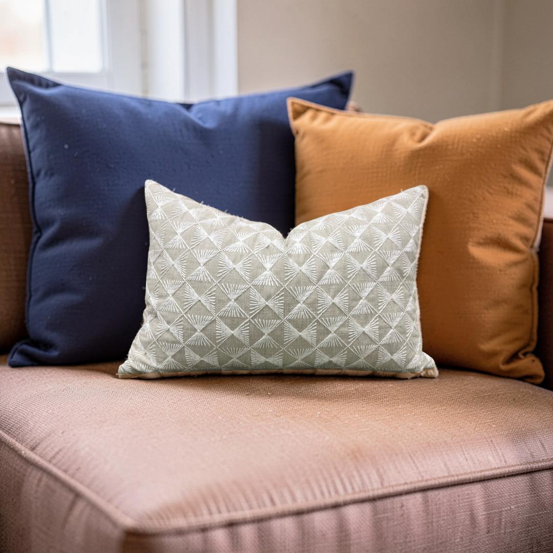 Tan and Cream Embroidered Knife Edge 12x18" Lumbar Pillow  Cover