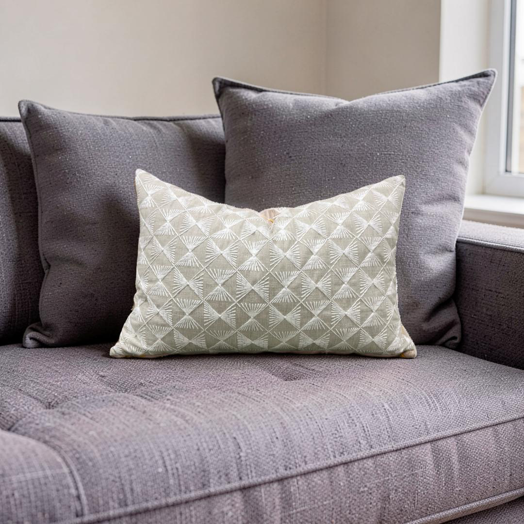 Tan and Cream Embroidered Knife Edge 12x18" Lumbar Pillow  Cover
