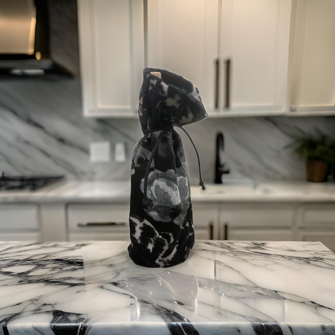 Black and Grey Velvet Floral Patterned Wine Bottle Bag